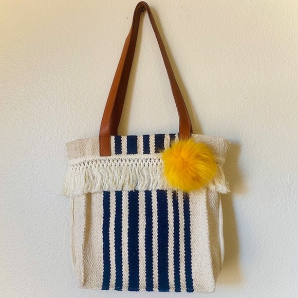 DKLux Handbags - Adorable Tote bag w/Pom Pom Detail Keychain & Fringe - Navy/Cream/Golden Yellow